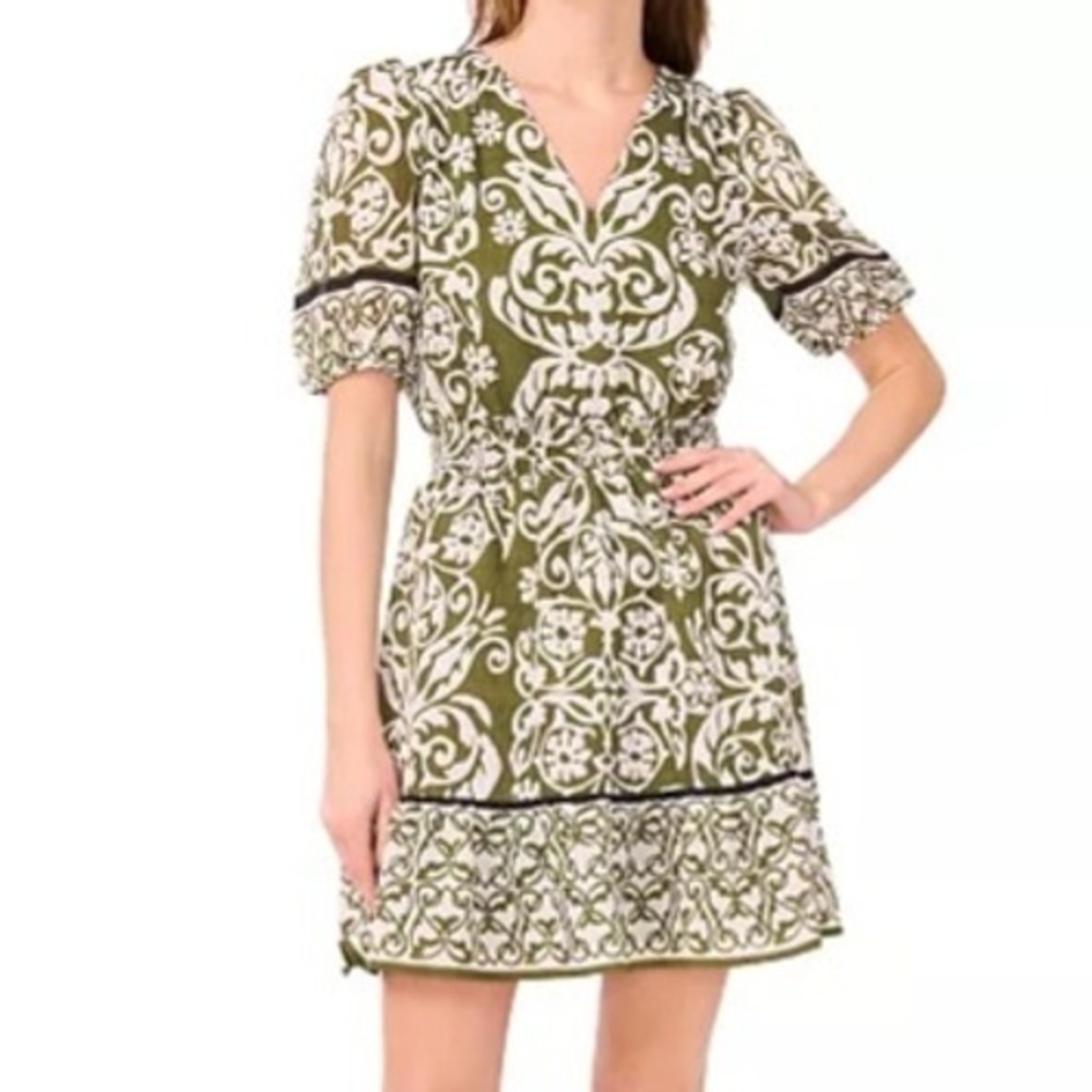 MSK Short Puff Sleeve V Neck A Line Green Short Dress Womens Size M NWT